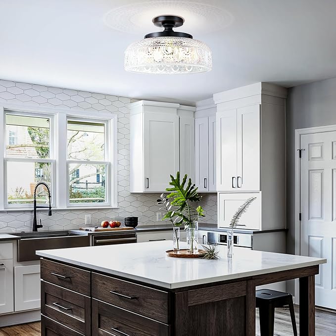 Lamomo Semi Flush Mount Ceiling Light, Upgraded Larger Black Hallway Light Fixture, 3-Bulb Globe Glass Close to Ceiling Light, Indoor Hanging Light for Bedroom Kitchen Porch Hallway,Bulbs Not Included