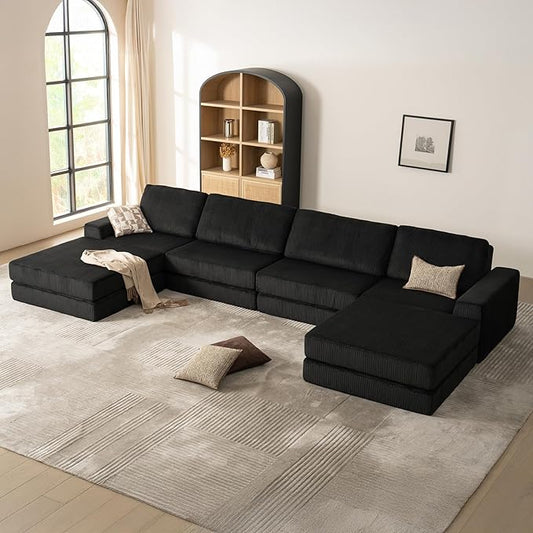 160.63‘’ Boneless Couch Cloud Modular Sectional Couches for Living Room, Oversize U-Shape Sofa with Deep Seat, Plush Corduroy 4-Seater with 2-Ottoman, No Assembly Required