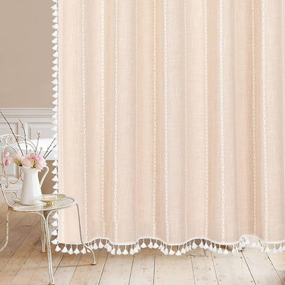 MitoVilla Boho Extra Long Shower Curtain 72 x 84, Beige 84 inch XL Polyester Linen Fabric Shower Curtain Set with Tassel for Vintage Country Farmhouse Bathroom Decor, Thick & Wrinkle Resistant, Cream
