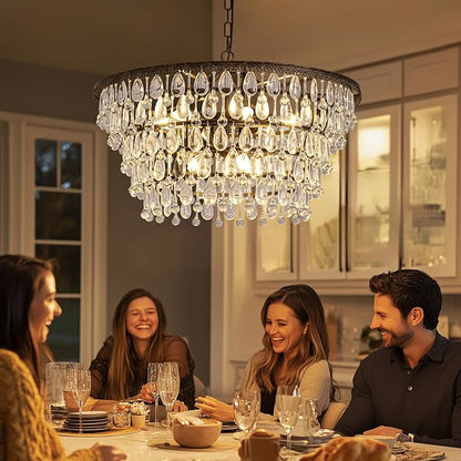 Vintage Crystal Chandeliers for Dining Room Light Fixture, 9-Light 5-Tier Antique Bronze Chandelier for Kitchen Island Bar Living Room Foyer Entryway, D28'' xH17''