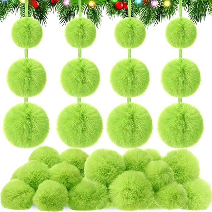 24 Pcs Green Furry Christmas Ball Ornaments for Tree 2.36/3.15/3.94 Inches Pom Pom Ball Christmas Hanging Decoration for Party Supplies Fireplace Mantel Wall Decor