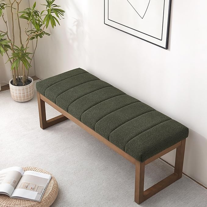 52.7" Bedroom Bench for End of Bed, Modern Upholstered Teddy Fabric Entryway Bench & Dining Bench, Footrest Stool Bench with Solid Wood Frame for Bedroom, Living Room (Green)