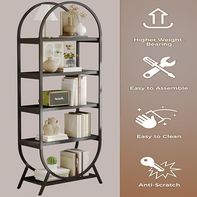 Arched Bookshelf,5-Tier Tall Wide Open Bookcase, Modern Storage Book Shelves, Freestanding Display Rack Shelving Unit for Office, Bedroom, Living Room, Easy Assembly, Black