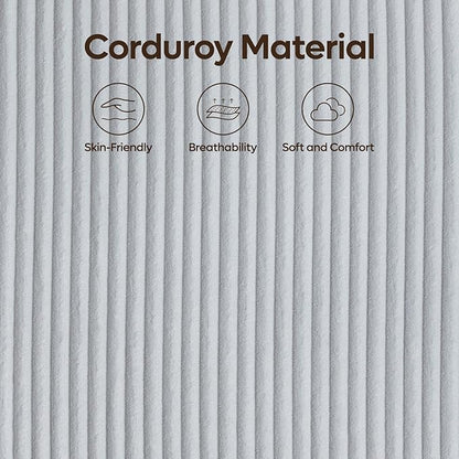 Bestier Queen Bed Frame with Adjustable Headboard, LED Lighting, Vertical Channel Tufted Corduroy Upholstered, Solid Wooden Slat Support, No Box Spring Needed, Never Squeak, Easy Assembly, Light Grey