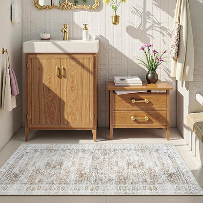Uphome Bathroom Rugs Runner, Distressed Farmhouse Boho Light Khaki Bath Mat, Non Slip Washable Long Bath Rugs, Vintage Traditonal Soft Velvet Bathroom Runner for Bathtub Sink Shower, 20x60 inch