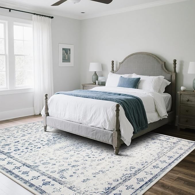 Washable Rugs 8x10 Area Rugs for Living Room,Rugs for Bedroom,Large Carpets,Ultra Soft Faux Wool Retro Dining Room Rug,Non Slip&Non-Shedding Low Pile Vintage Print Rug for Home Office-Blue