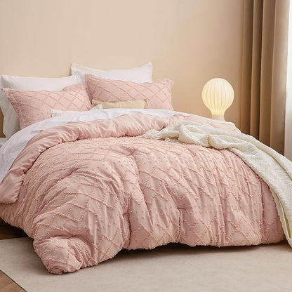 Bedsure King Comforter Set - Coral Pink Comforter, Boho Tufted Shabby Chic Bedding for Kids, 3 Pieces Vintage Farmhouse Bed Set for All Seasons, Fluffy Soft Bedding with 2 Pillow Shams