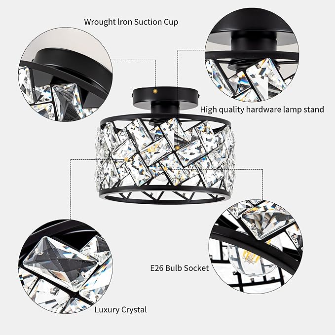 Crystal Ceiling Light Fixture, Modern Semi Flush Mount Ceiling Light,Crystal for Kitchen Bedroom Bathroom Entryway, Black Finish