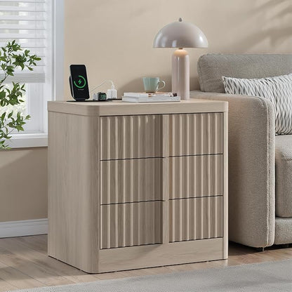 Fluted Nightstand Set of 2 with Charging Station, 23.6" Wood End Table with Solid Wood Handle, Mid Century Moden Bedside Table for Bedroom, Living Room, White Alder