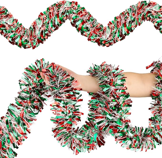50FT Christmas Tinsel Garland, Red Green&White Metallic Twist Shiny Hanging Garland Ornaments for Christmas Tree, Party Supplies Thick Metallic Xmas Streamers