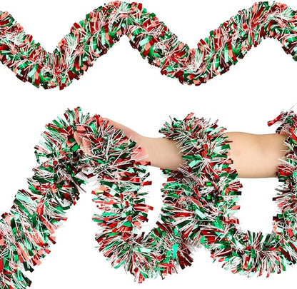 50FT Christmas Tinsel Garland, Red Green&White Metallic Twist Shiny Hanging Garland Ornaments for Christmas Tree, Party Supplies Thick Metallic Xmas Streamers