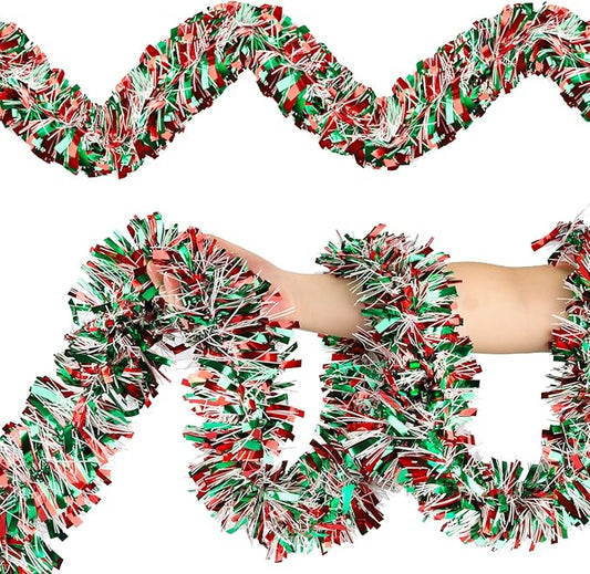 50FT Christmas Tinsel Garland, Red Green&White Metallic Twist Shiny Hanging Garland Ornaments for Christmas Tree, Party Supplies Thick Metallic Xmas Streamers