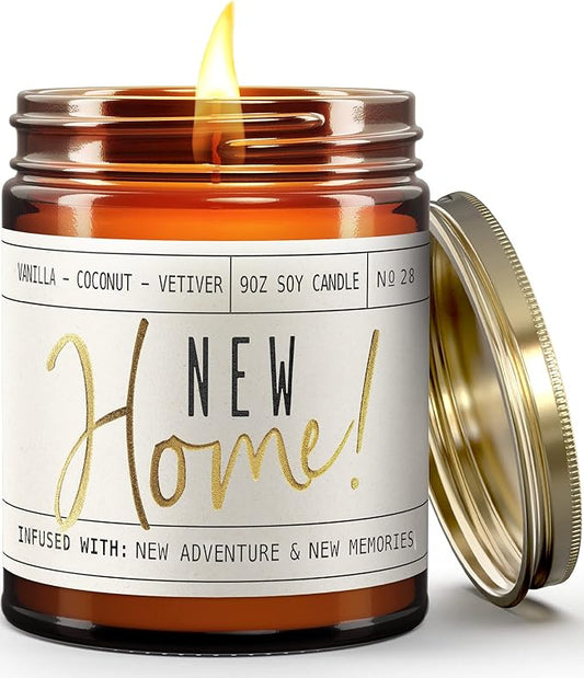 Housewarming Gift, House Warming Gifts New Home, Housewarming Gifts for New House - 'New Home' Soy Candle, w/Vanilla, Coconut & Vetiver I New Home Gifts for Home I 9oz Jar, 50Hr Burn, Made in USA