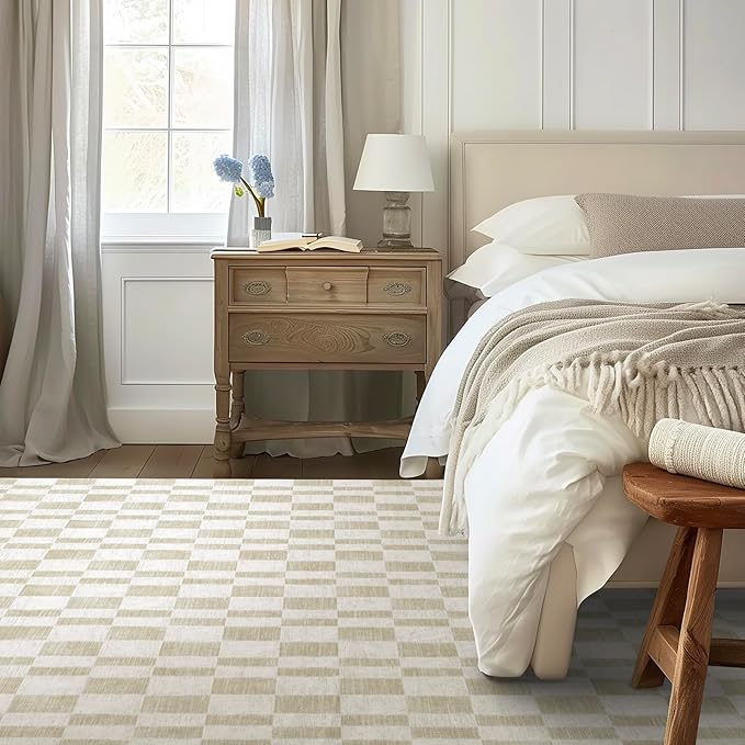 EVERGRACE Checkered Plaid Area Rug, Soft Faux Wool, 8x10, Washable, Anti Slip, Large Carpet for Entryway, Bedroom, Living Room, Hallway, Kitchen, Dining Room, Laundry, Beige