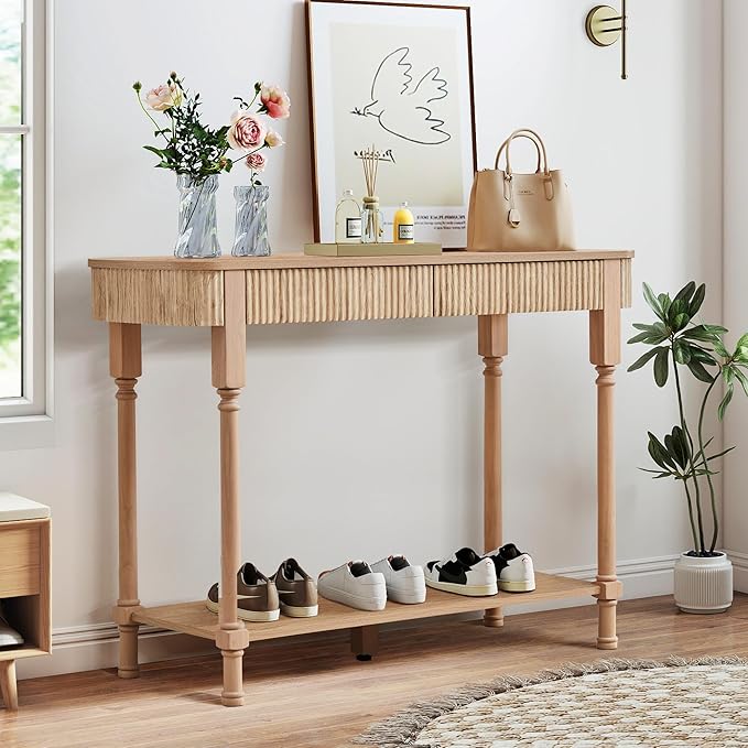 43.3'' Fluted Console Table for Entryway, Narrow Entryway Tables with 2 Wooden Drawers, Retro Sofa Table Behind Couch Accent Tables for Foyer, Living Room, Hallway (Natural)