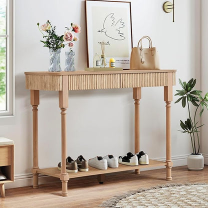 43.3'' Fluted Console Table for Entryway, Narrow Entryway Tables with 2 Wooden Drawers, Retro Sofa Table Behind Couch Accent Tables for Foyer, Living Room, Hallway (Natural)