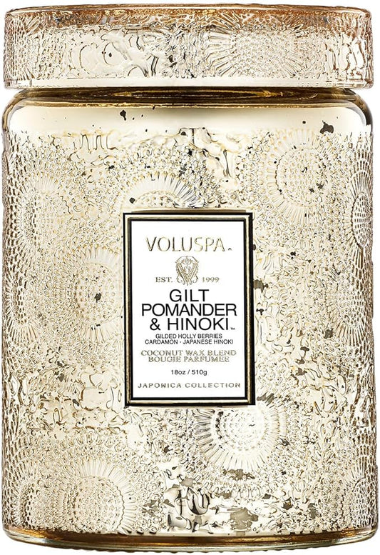 Voluspa Gilt Pomander Hinoki, Large Candle Jar, 18 oz, 100 Hour Burn Time, Coconut Wax for Clean Burning, Handcrafted in The USA