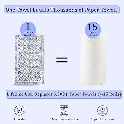 Ridhi Light Steel Blue Hand Block Print Waffle Kitchen Towel Set of 3-16 x28 Ultra Absorbent Quick Dry 100% Cotton Dish Towels Lightweight Reusable Sustainable Tea Towels for Cleaning and Drying