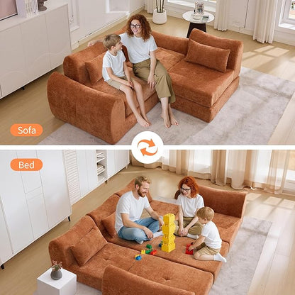 101.6" Modular Sectional Cloud Sofa,Floor Boneless Couch, 4-in-1 Folding Convertible Sofa Bed, Modular Cushion Couch,Suitable for Living Room,Bedroom and Recreation Room (Orange)