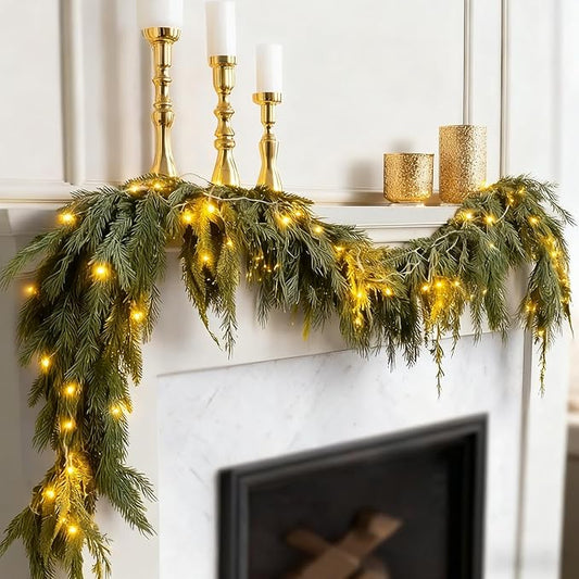 Bluesea 9FT Christmas Norfolk Pine Garland, Real Touch Pine, Faux Greenery Garland for Fireplace,Table, Stairs, Mantle, Window,Indoor Outdoor,Home,Holiday Decor（1 Pcs