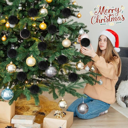 12Pcs Furry Christmas Ball Ornament for Xmas Tree Black Soft Faux Fur Pom Pom Ball Ornaments Christmas Tree Hanging Decorations for Winter Party Home Decor Costume Supplies