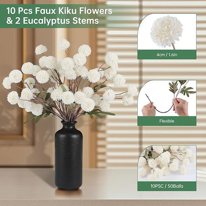 Faux White Kiku Flowers 10 Stems & 2 Eucalyptus,Fake Mums Flower Autumn Artificial Chrysanthemums Mini Ball Floral for Table Centerpieces,Silk Fall Faux Mums Flower for Vase Wedding Arrangements Decor