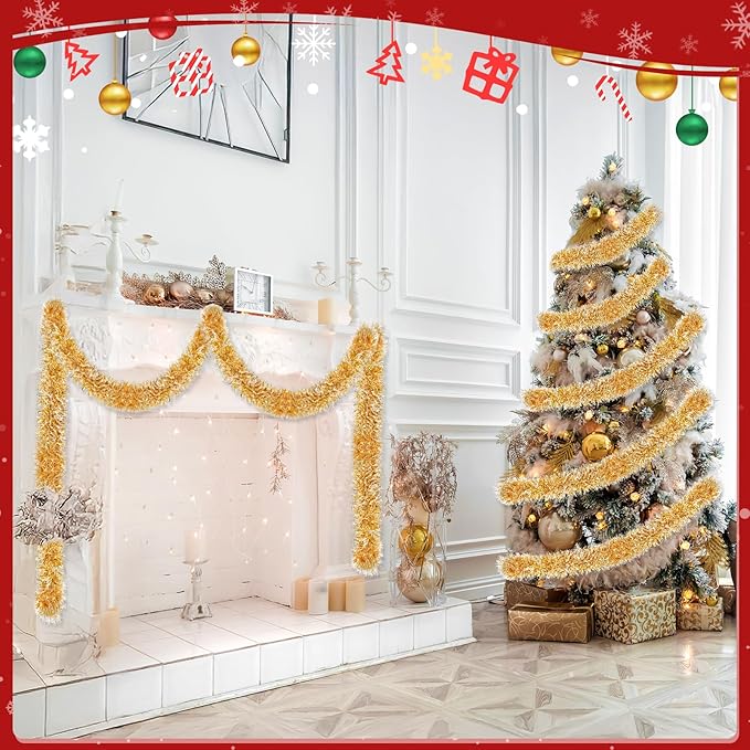 50ft Gold White Christmas Tinsel Garland Xmas Tree Garland Decorations Metallic Tinsel Glitter Twist Garlands Hanging Streamers for Indoor Holiday Decor