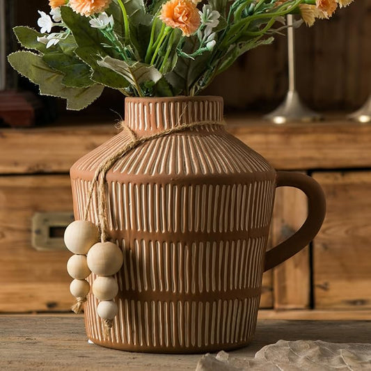 Rustic Farmhouse Vase with Handle and Boho Wooden Beads - Terracotta Vase with Vertical Stripes for Vintage Home Decor