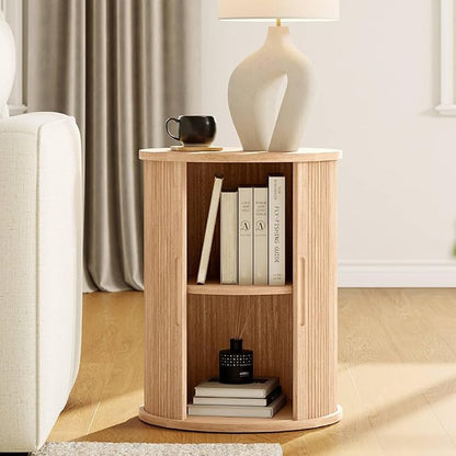 LINSY Round Fluted Nightstand, Mid Century Modern Tall Side Table with Storage, End Table with Sliding Tambour Doors, Adjustable Shelf, Small Wood Bedside Table for Bedroom, Living Room, Oak