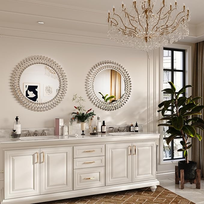 Kelly Miller Jeweled Mirror for Wall Mirror, 28 Inch Round Luxury Mirror with Sparkling Diamonds Beveled Modern Wall Decor for Bathroom, Living Room, Bedroom, Hallway