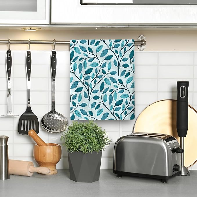 Green Leaves Kitchen Dish Towels Set of 2 Decorative Absorbent Tea Towels 15.7x27.5 Botanic Pattern