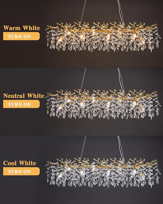 Tree Branch Chandelier Modern Gold Crystal Chandeliers 14 Lights Rectangular 47.2" Hanging Pendant Light Fixture for Kitchen Island Living Room Dining Room Foyer Entryway