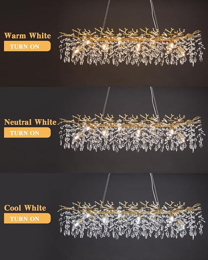 Tree Branch Chandelier Modern Gold Crystal Chandeliers 14 Lights Rectangular 47.2" Hanging Pendant Light Fixture for Kitchen Island Living Room Dining Room Foyer Entryway