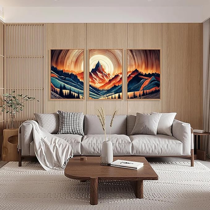 HOURIA Woodland Mountain Framed Canvas Wall Art Set,Natural Boho Tree Ring Wall Decor,Vintage Earth Tone Forest Landscape Artwork,Wilderness Field Art Print for Living Room,Bedroom,Office-16 x24 x3