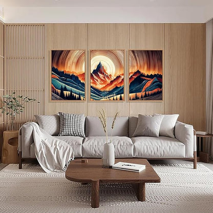 HOURIA Woodland Mountain Framed Canvas Wall Art Set,Natural Boho Tree Ring Wall Decor,Vintage Earth Tone Forest Landscape Artwork,Wilderness Field Art Print for Living Room,Bedroom,Office-16 x24 x3