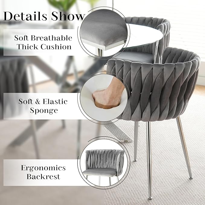 Silver Luxury Round Dining Table Set for 4, 47'' Clear Circle Glass Top Dinner Table Set, 5 PCS Modern Circular Kitchen Table and Grey Woven Chairs Set, for Large Apartment Living Room