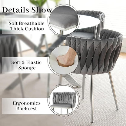 Silver Luxury Round Dining Table Set for 4, 47'' Clear Circle Glass Top Dinner Table Set, 5 PCS Modern Circular Kitchen Table and Grey Woven Chairs Set, for Large Apartment Living Room