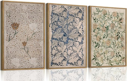ILLBDR Vintage Framed Wall Art Abstract Floral Canvas Wall Art Set of 3 Boho Botanical Prints Gallery Artwork Neutral Flower Pictures Decor for Bedroom Living Room 16x24 Inch