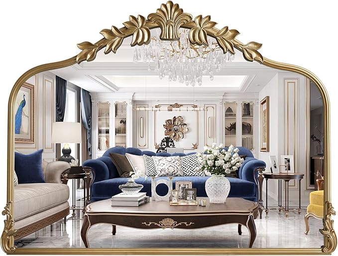 WallBeyond Gold Antique Mirror for Vanity 32x24 Inch, Gold Vintage Mirror with Ornate Frame, Arched Vintage Wall for Bathroom, Living Room, Fireplace