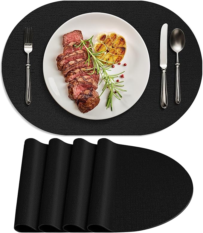 Placemats for Dining Table Set of 4 Non-Slip, Heat Resistant Leather Placemat Double Layer, Waterproof Table Mats Easy to Clean for Kitchen Dining Room Coffee Office Table, Black