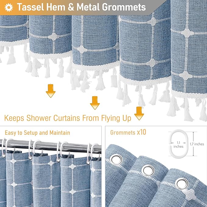 BTTN Stall Fabric Shower Curtain - 54 x 78 Inch Boho Linen Heavy Duty Cloth Tassel Shower Curtain Set with 10 Hooks, Narrow Rustic Modern Farmhouse Bohemian Thick Shower Curtains for Bathroom - Blue