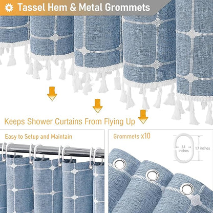 BTTN Stall Fabric Shower Curtain - 54 x 78 Inch Boho Linen Heavy Duty Cloth Tassel Shower Curtain Set with 10 Hooks, Narrow Rustic Modern Farmhouse Bohemian Thick Shower Curtains for Bathroom - Blue