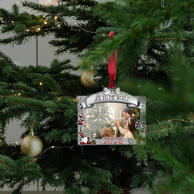 2025 Christmas Ornaments 3x2 inch Picture Frame Metal Hanging Pendant for Tree Small Decorative Keepsake, Display Photo for Baby and Pet (Gnome (2025))