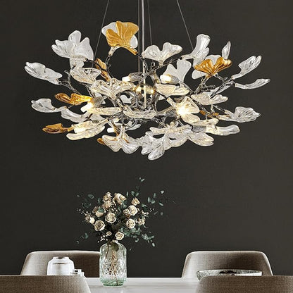Modern Chandelier for Dining Room, Modern D31.5" Ginkgo Leaf Black Tree Branch Chandelier, Farmhouse Round Chandeliers Over Dining, Glass Lights for Living Room Bedroom Kitchen Island, 10-Light