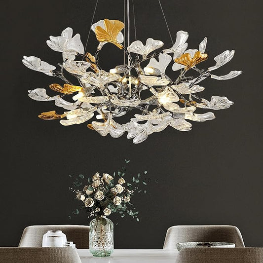 Modern Chandelier for Dining Room, Modern D31.5" Ginkgo Leaf Black Tree Branch Chandelier, Farmhouse Round Chandeliers Over Dining, Glass Lights for Living Room Bedroom Kitchen Island, 10-Light