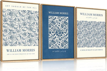 HOURIA William Morris Floral Framed Canvas Wall Art Set,Navy Blue White Flower Wall Decor,Retro Textured Botanical Artwork,Modern Neutral Blossom Art Print for Living Room,Bedroom,Office-16 x24 x3