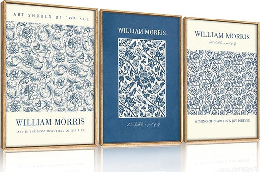 HOURIA William Morris Floral Framed Canvas Wall Art Set,Navy Blue White Flower Wall Decor,Retro Textured Botanical Artwork,Modern Neutral Blossom Art Print for Living Room,Bedroom,Office-16 x24 x3