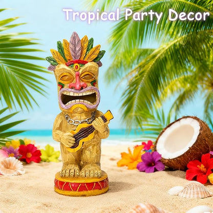 Solar Tiki Garden Statue with LED Eyes Outdoor Resin Ukulele Player Yard Decor Solar Light Hawaiian Style Lawn for Patio Porch Lawn Tiki Bar or Tiki Lover Funny Gifts