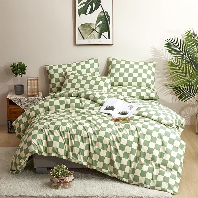 CLOTHKNOW Green White Plaid Queen Size Comforter Sets Grid Bedding Comforter Sets Checkerboard Comforter Checker Queen Comforter with 2 x Pillowcases