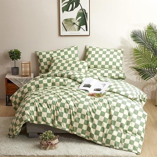 CLOTHKNOW Green White Plaid Queen Size Comforter Sets Grid Bedding Comforter Sets Checkerboard Comforter Checker Queen Comforter with 2 x Pillowcases